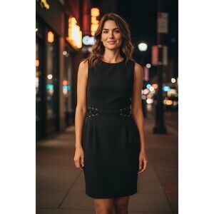 BEBE Sleeveless Lace Up Waist Knee Length Pencil Dress Black sz 2